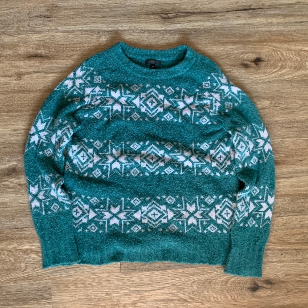 J. Crew cozy wool blend sweater snowflakes in teal blue - size medium womens